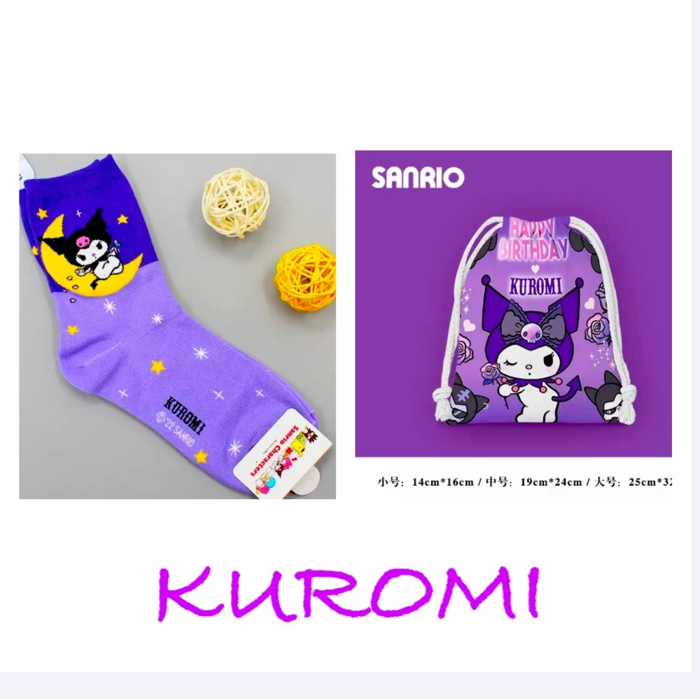 KUROMI Woman’s Socks and small draw string bag. Both NWT